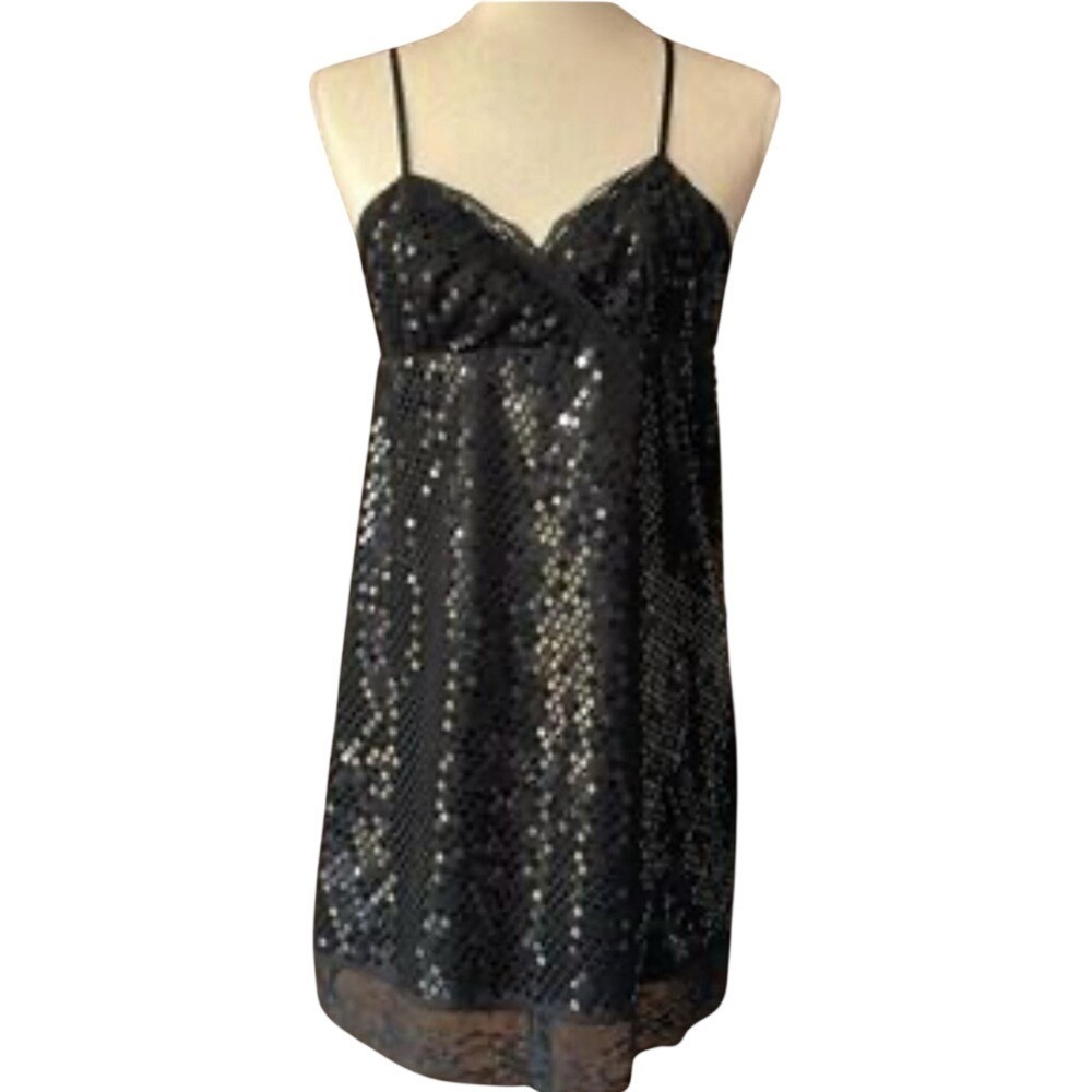 Y2K Express‎ Sexy Black Sequin Lace Trim Spaghetti Strap Mini Dress- 6 NWT VTG